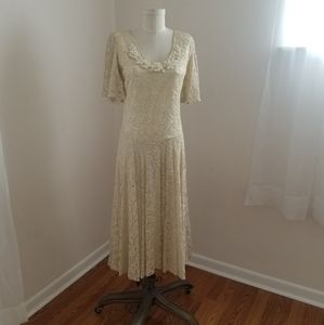 Vintage 80s does 20s ivory lace dropwaist dress